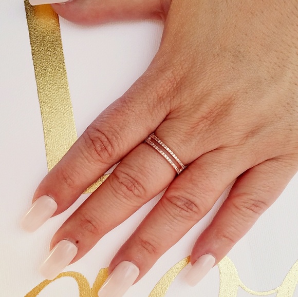 Rose Gold Double Band Ring with Cubic Zirconia Pave Setting Size 8 - Picture 3 of 6